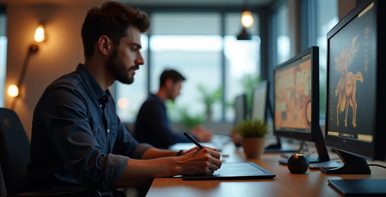Artiste 3D travaillant sur une tablette graphique dans un studio moderne de Montréal