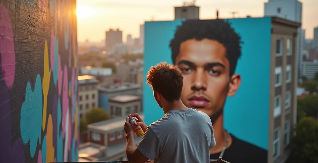 Artiste muraliste travaillant sur une fresque monumentale depuis une nacelle élévatrice
