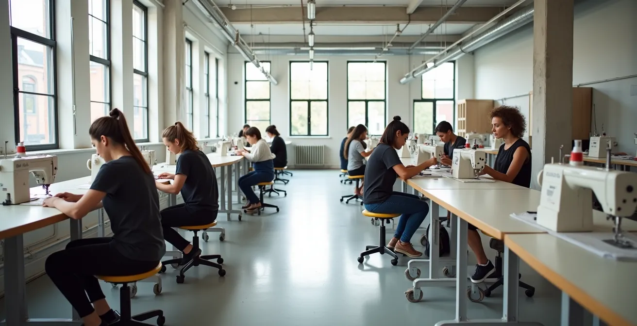Groupe de femmes diversifiées travaillant ensemble dans un atelier de couture lumineux