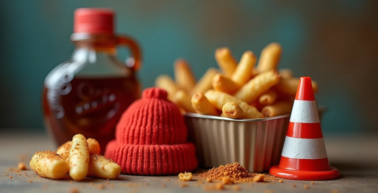 Scène macro d'objets symboliques québécois disposés avec humour sur une table