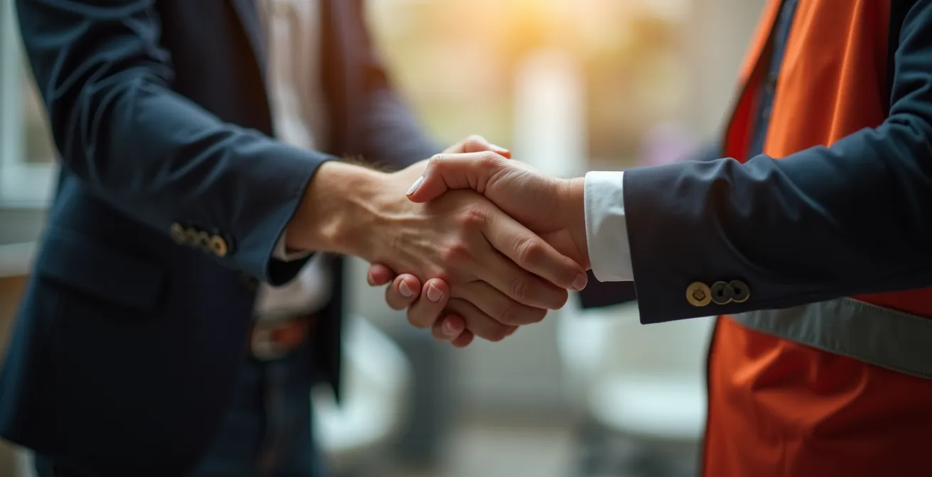 Poignée de main professionnelle entre un bénévole et un superviseur d'organisme québécois