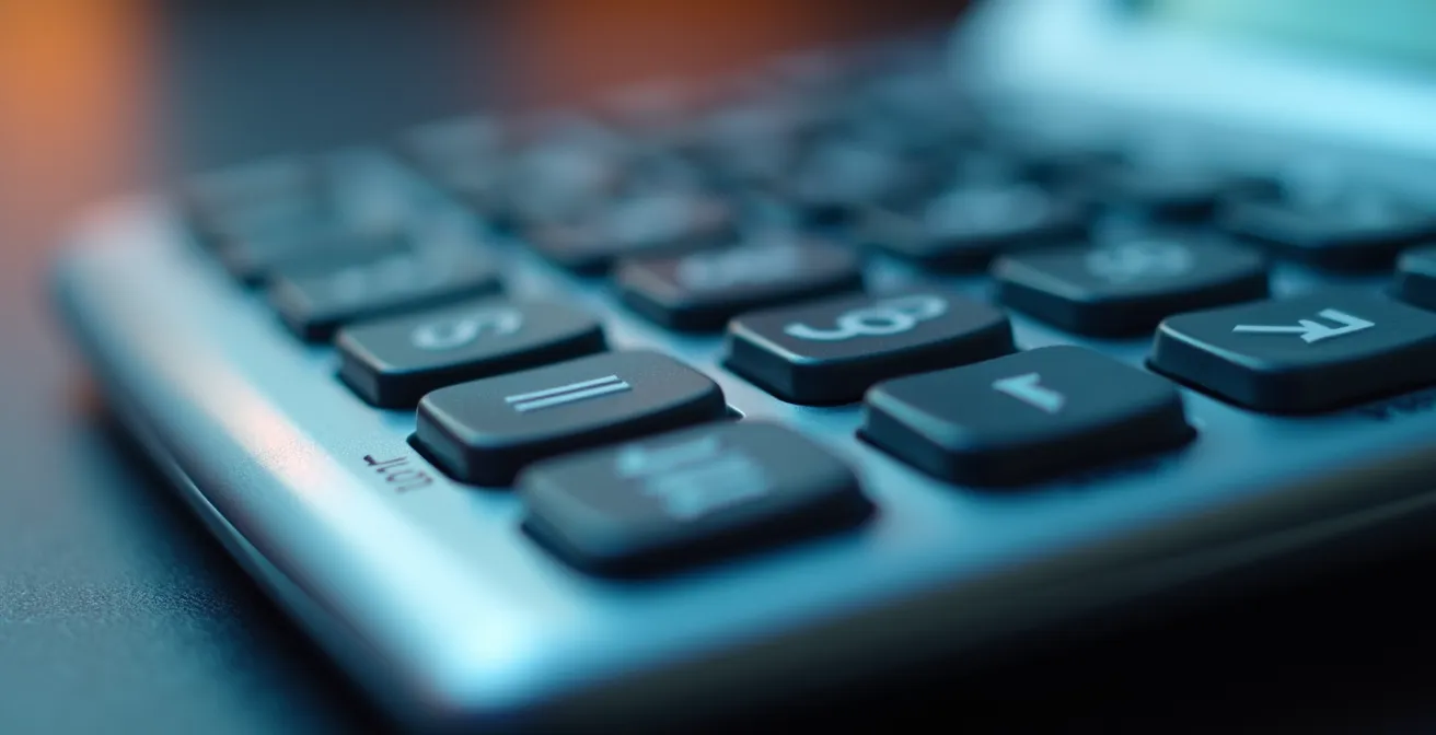 Détail macro de documents financiers avec calculatrice dans un bureau québécois