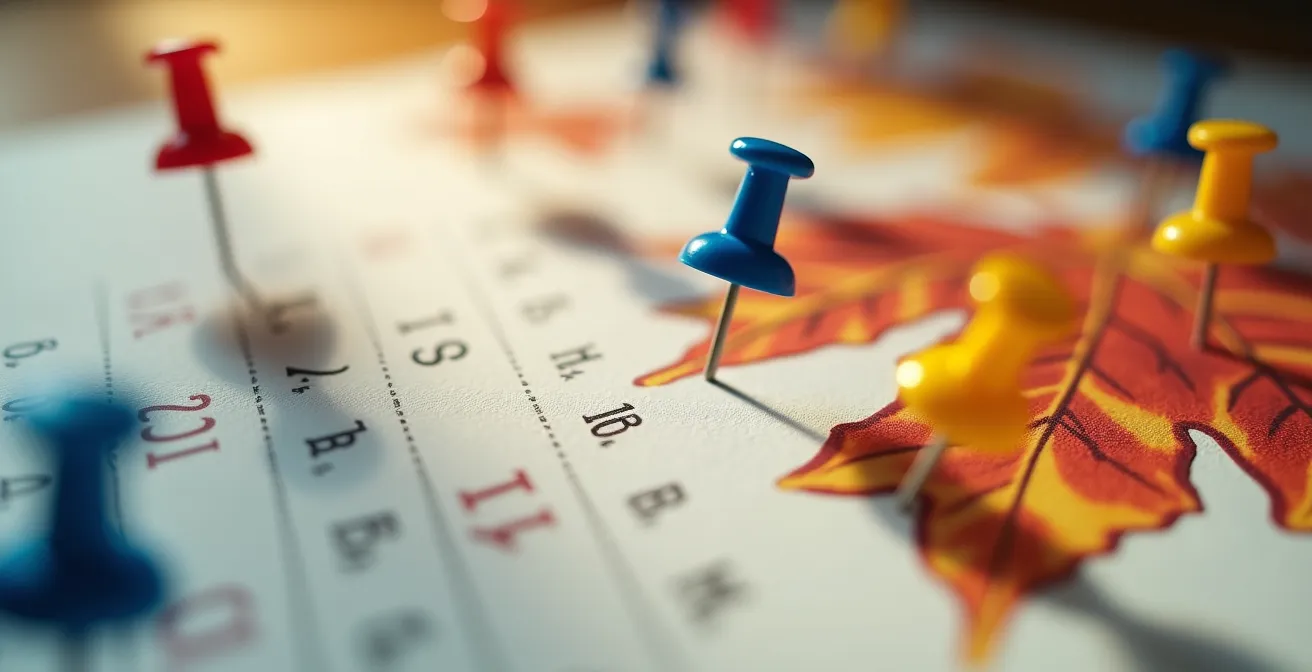 Vue macro d'un calendrier avec des épingles marquant les étapes clés du parcours d'immigration étudiant