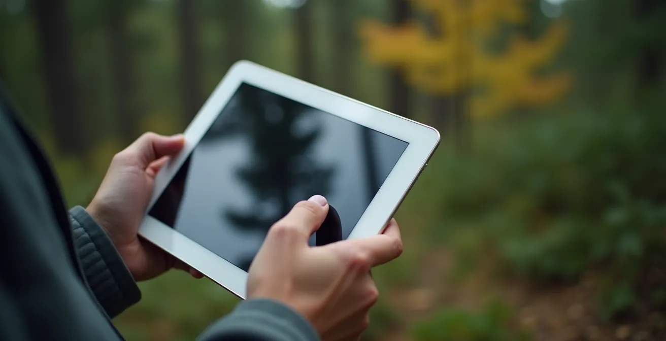 Personne consultant une tablette numérique montrant une carte forestière dans les bois