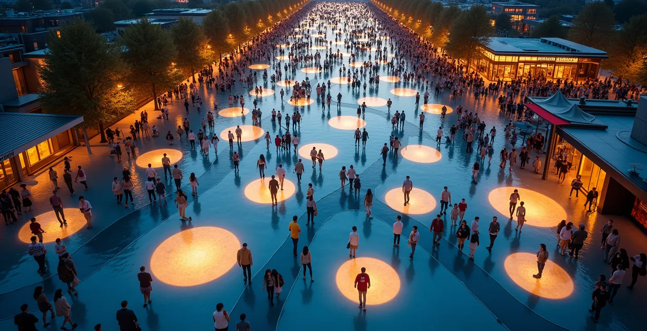 Vue aérienne du Quartier des Spectacles de Montréal avec les emplacements des scènes gratuites et les flux de circulation