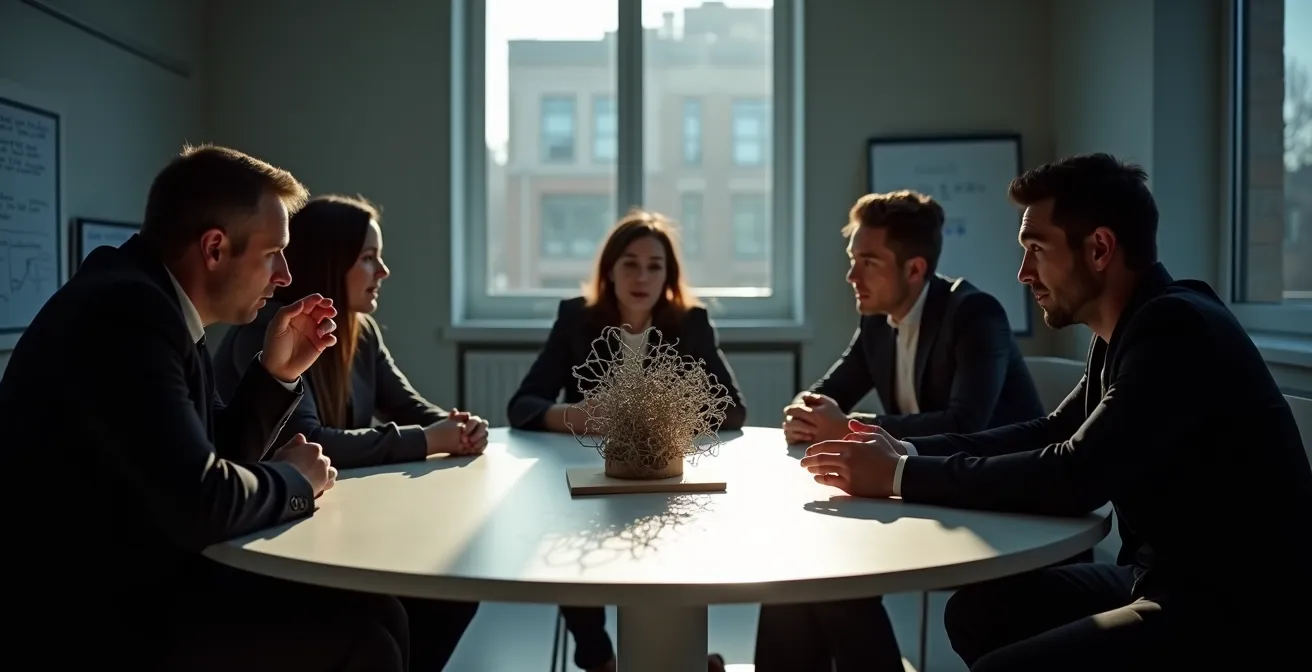 Chercheurs universitaires discutant d'éthique de l'IA dans un laboratoire de recherche montréalais