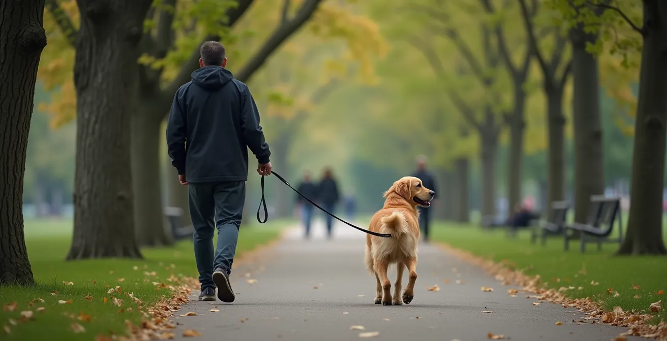 Propriétaire promenant son chien en laisse dans un sentier de parc montréalais