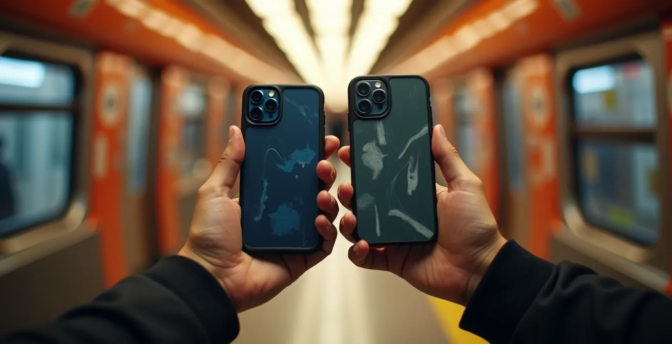 Mains tenant deux téléphones montrant des applications de transport en commun