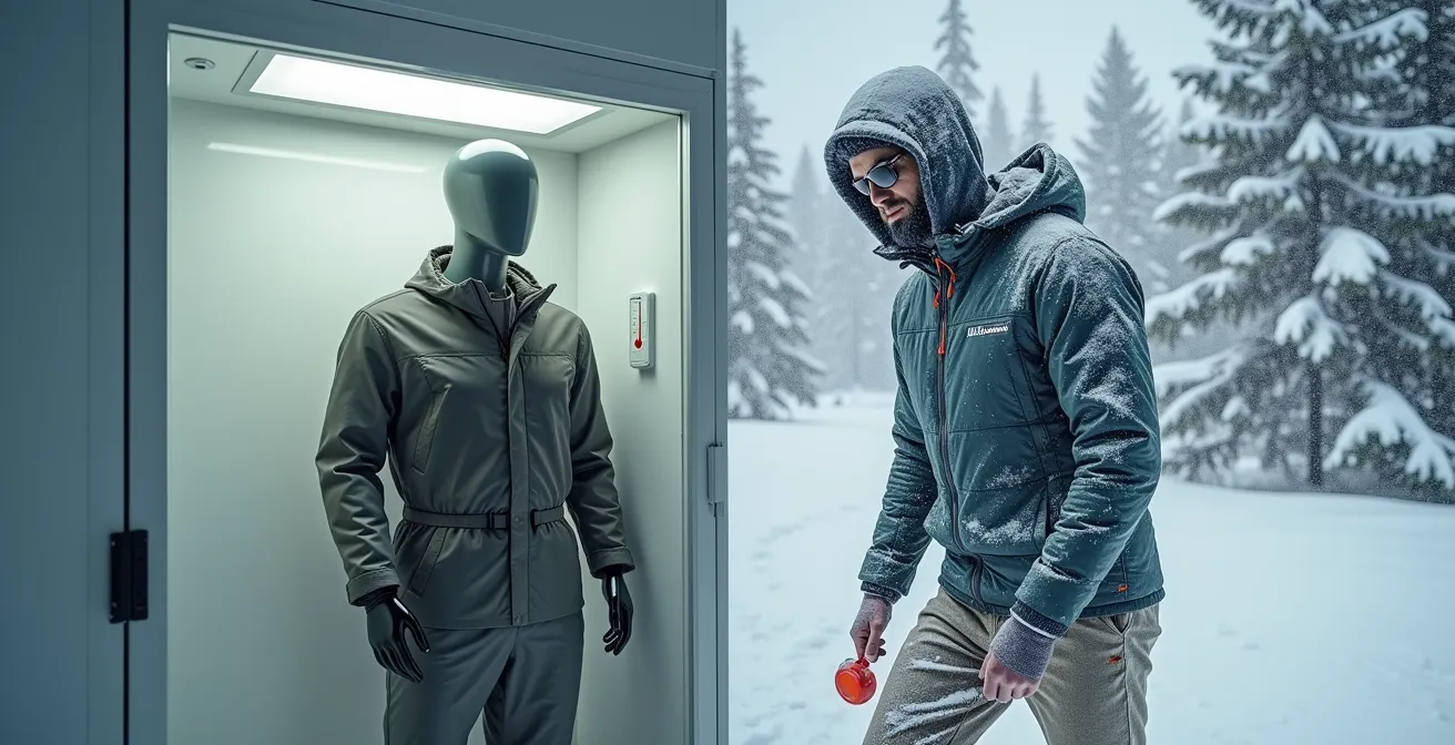 Comparaison visuelle entre test en laboratoire et conditions réelles de camping hivernal