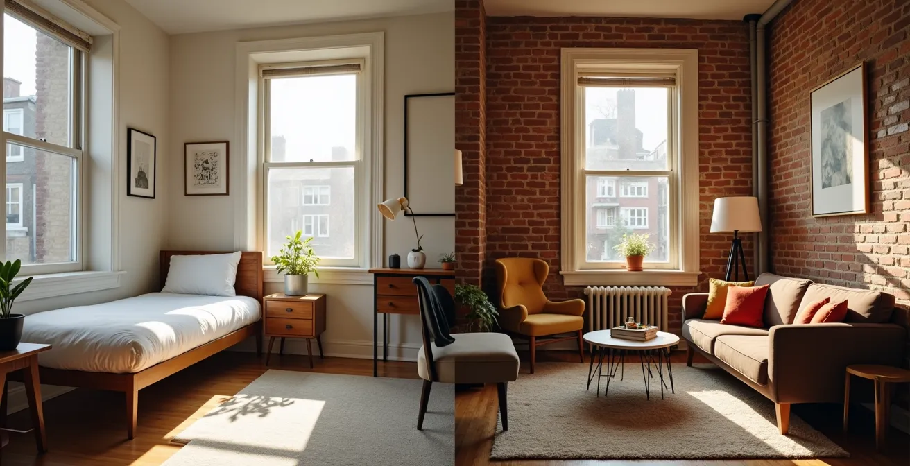 Deux espaces de vie étudiants côte à côte montrant résidence universitaire et appartement en colocation