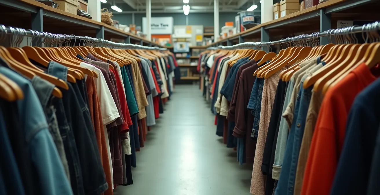 Vue en plongée montrant deux espaces contrastés de friperies québécoises séparés par une allée centrale