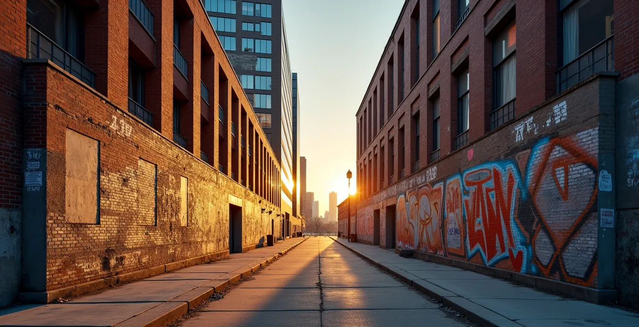 Vue contrastée d'un quartier montréalais montrant l'impact de l'art urbain sur la transformation urbaine