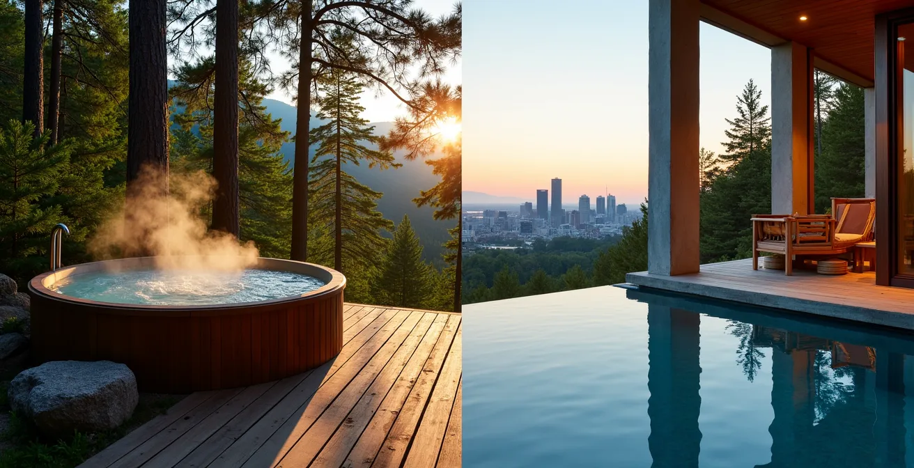 Vue comparative entre spa en forêt laurentienne et spa urbain sur le fleuve Saint-Laurent
