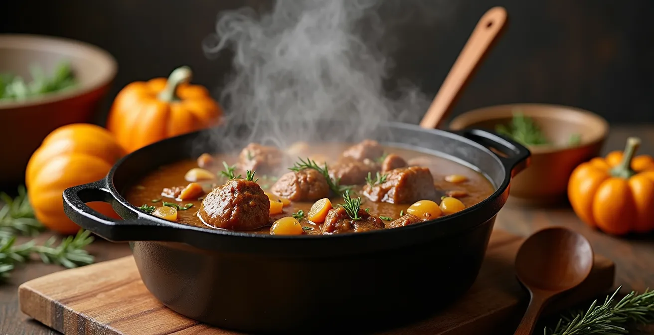 Cocotte en fonte fumante sur une cuisinière avec légumes d'automne colorés