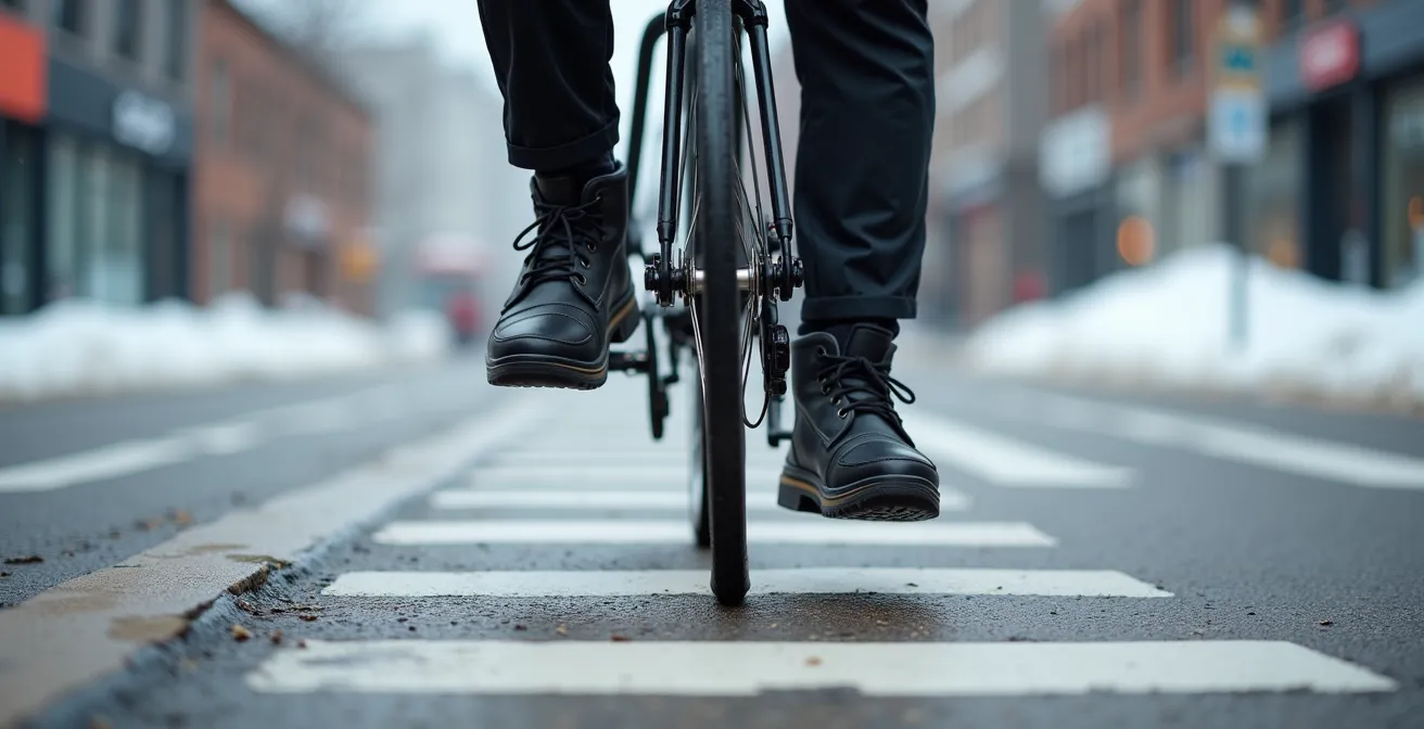 Cycliste urbain en tenue d'hiver complète arrêté à un feu rouge dans une rue de Montréal