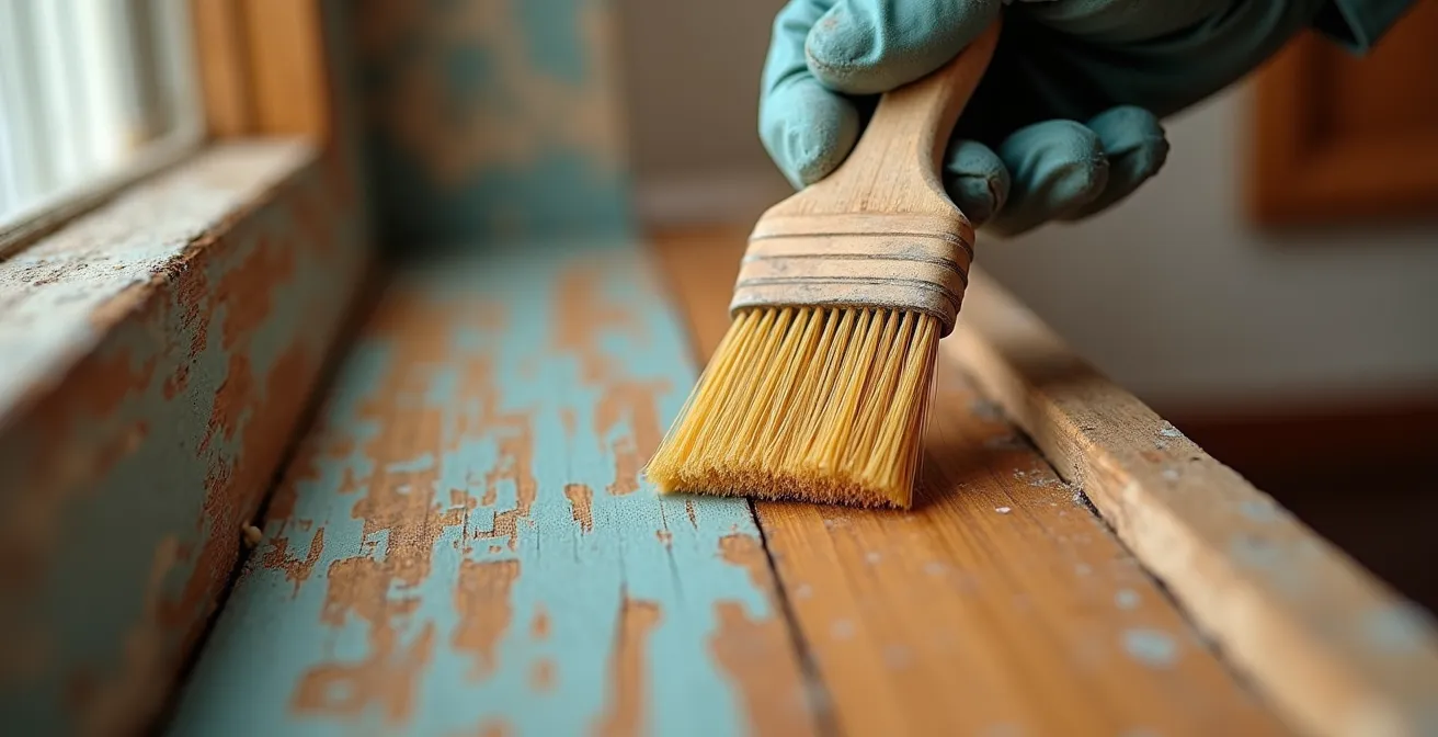 Gros plan sur une main appliquant délicatement un décapant naturel sur une boiserie ancienne en pin