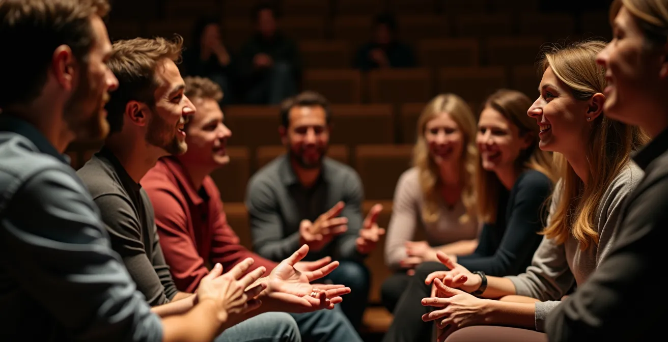 Discussion post-spectacle dans un théâtre intime, artistes et spectateurs en cercle échangeant dans une atmosphère chaleureuse