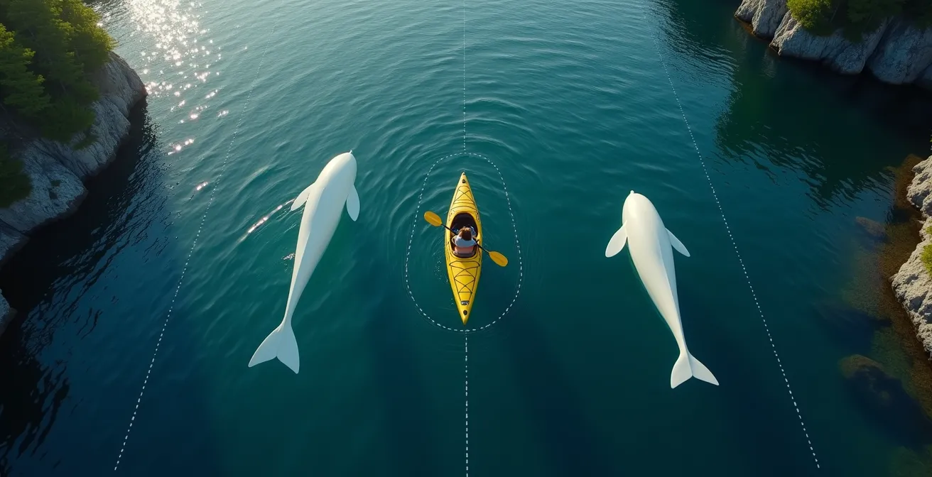 Vue aérienne montrant la distance de sécurité entre kayakistes et groupe de bélugas dans le fjord