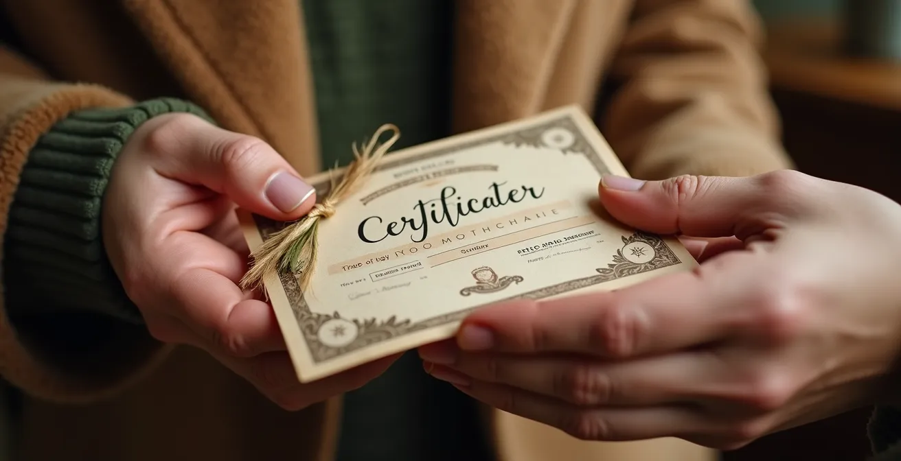 Mains échangeant un certificat cadeau pour une expérience locale québécoise