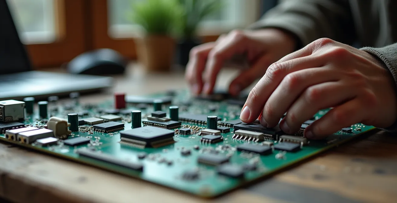 Entrepreneur examinant du matériel informatique reconditionné dans son bureau à domicile