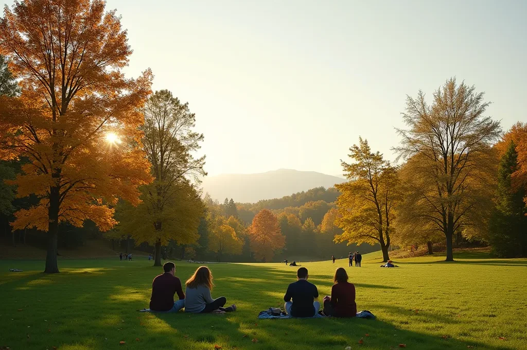 Vue panoramique d'un parc québécois avec des bénévoles prenant une pause détente