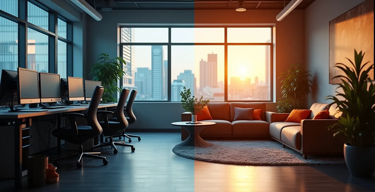 Espace de détente dans un studio de jeux vidéo montréalais avec vue sur le Mont-Royal