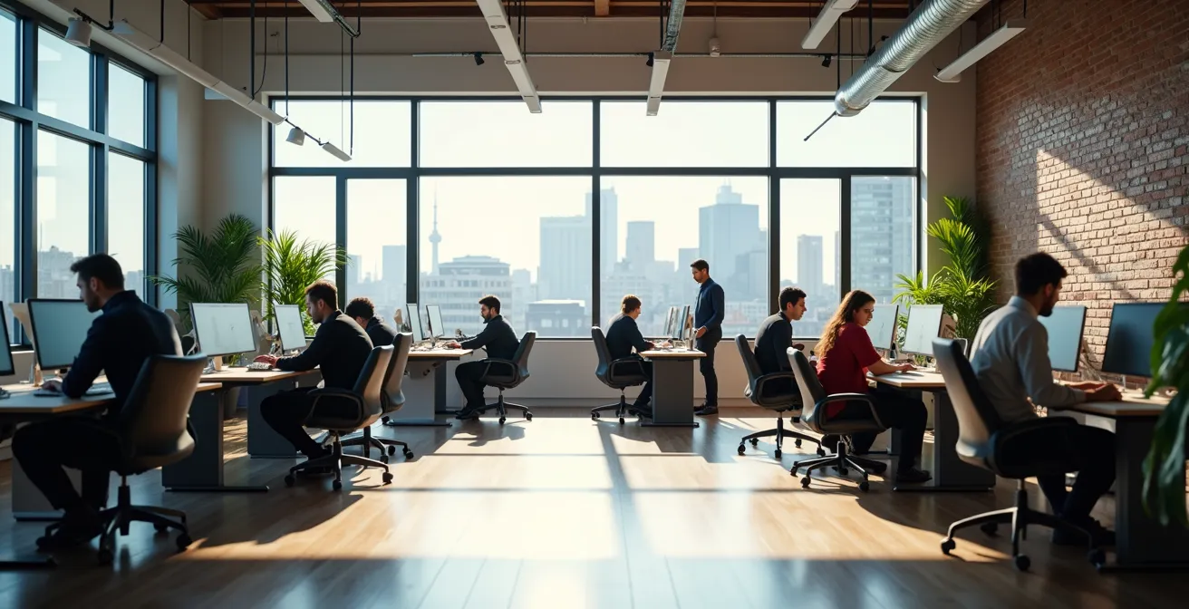 Équipe internationale de développeurs IA travaillant dans un espace de coworking montréalais lumineux