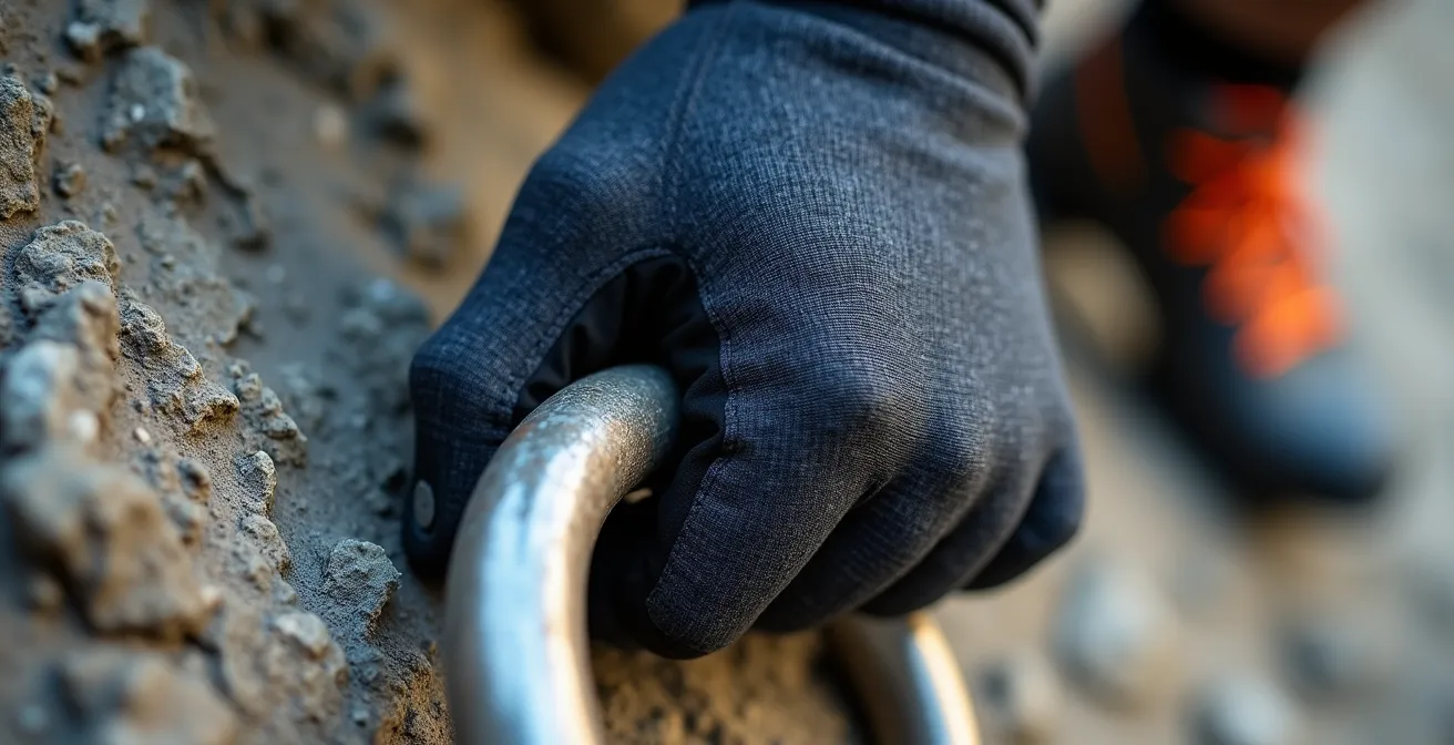 Gros plan sur des mains gantées saisissant un barreau métallique et des chaussures d'approche sur le rocher