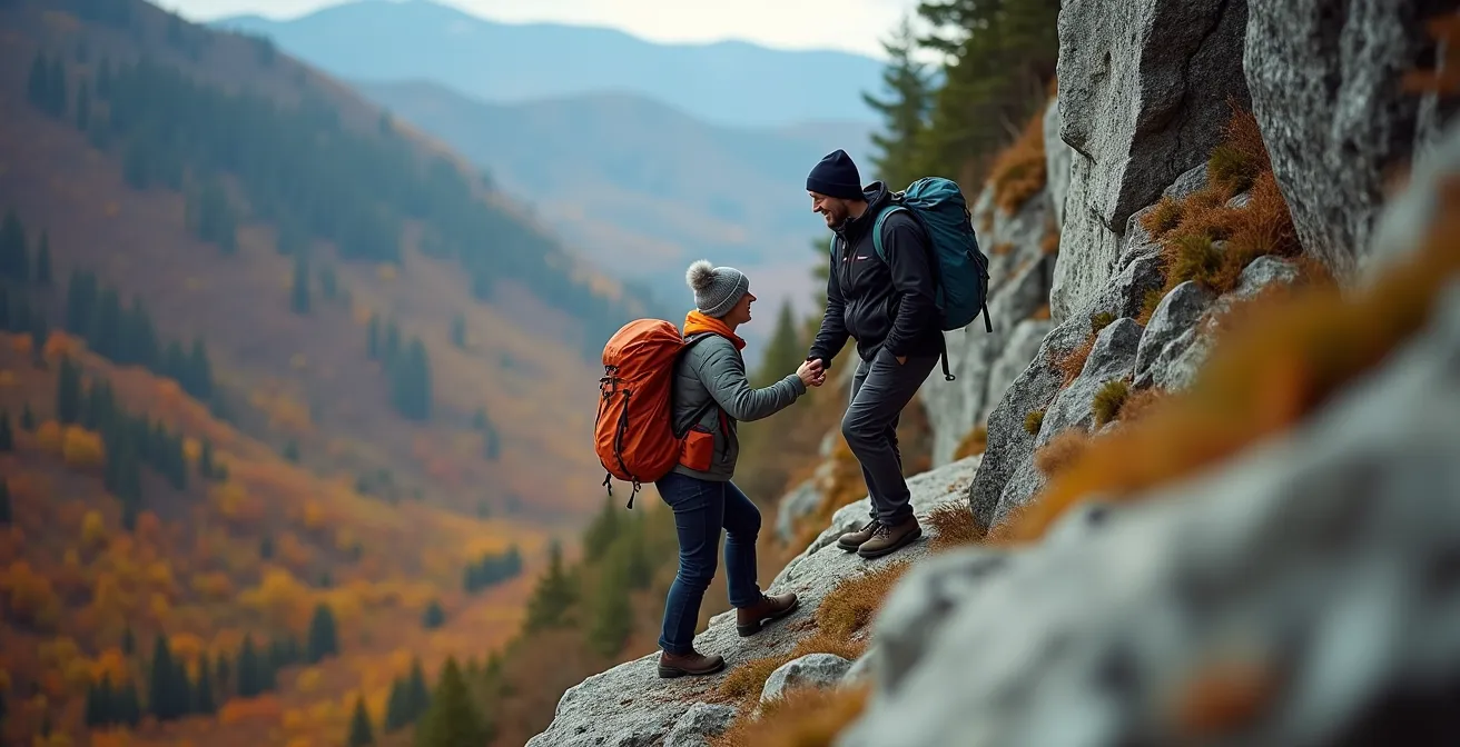Deux randonneurs se croisant sur un passage rocheux étroit avec geste de courtoisie dans les montagnes québécoises