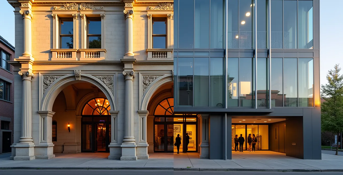 Vue en contre-plongée de façades architecturales contrastées de théâtres montréalais, entre patrimonial et moderne