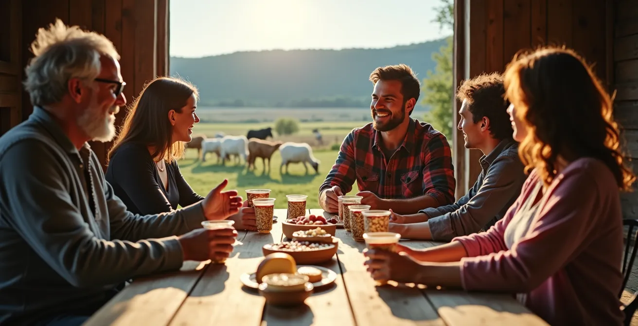 Famille visitant une ferme artisanale de Charlevoix avec dégustation de fromages et vue panoramique