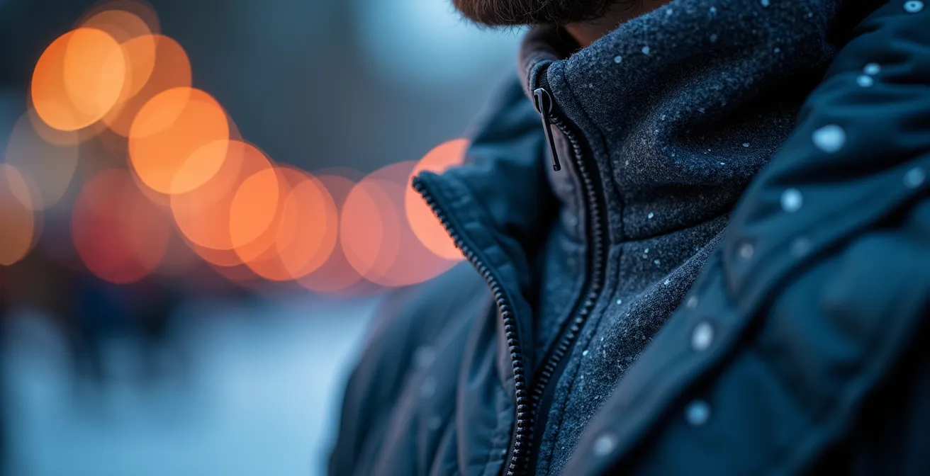 Festivalier en tenue multicouche adaptée pour Igloofest dans le Vieux-Port de Québec en janvier