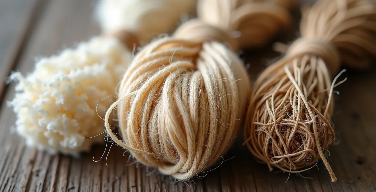 Échantillons de fibres textiles naturelles québécoises disposés sur une surface de bois