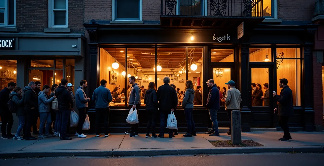 File d'attente animée devant un restaurant du Plateau Mont-Royal en soirée