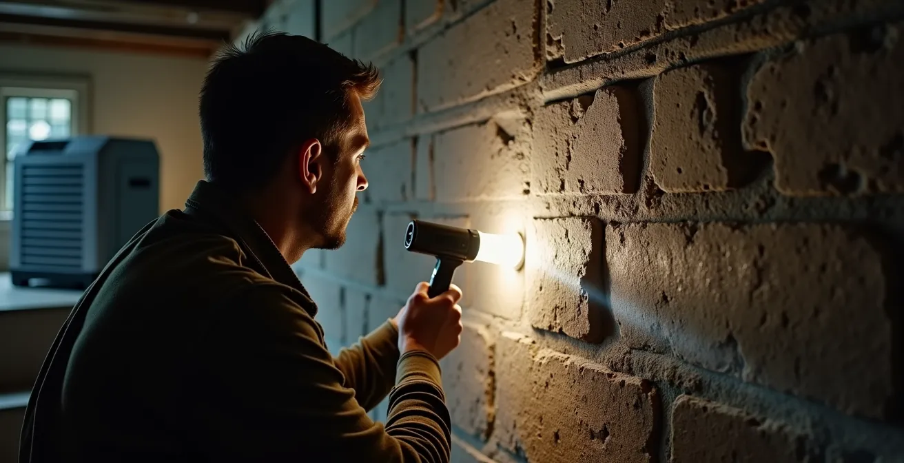 Vue rapprochée d'un mur de fondation en pierre montrant l'efflorescence blanche et les joints de mortier dégradés