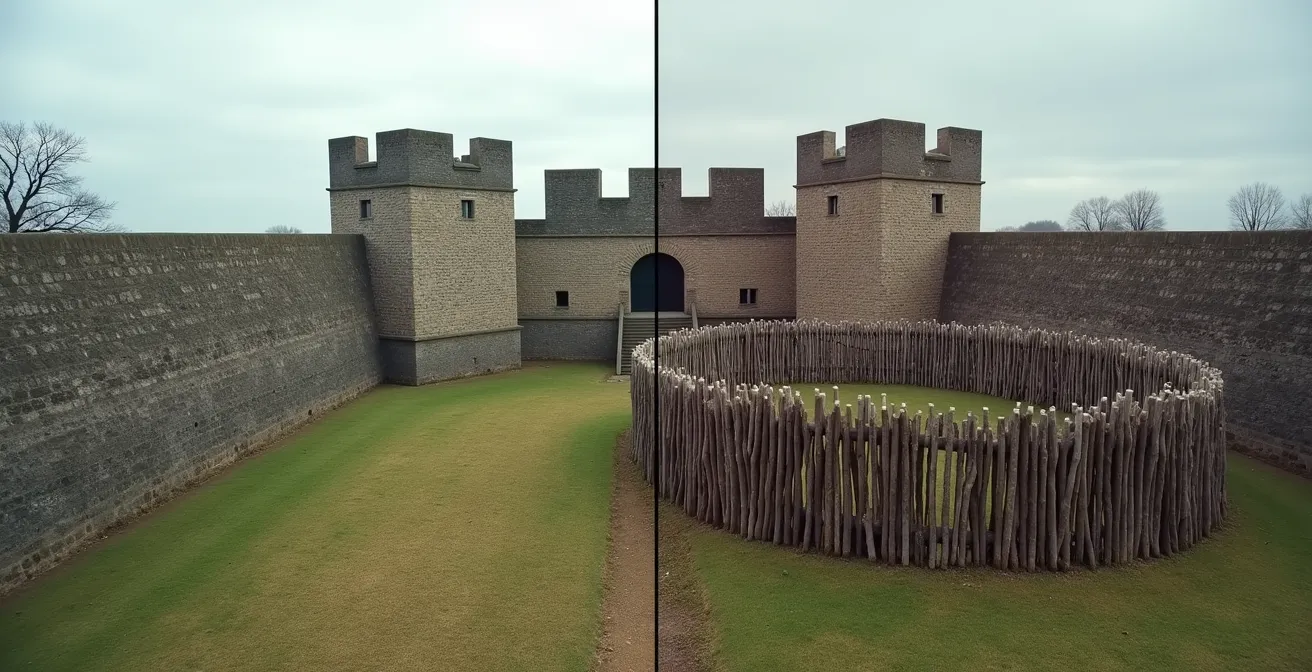 Vue aérienne comparative montrant les remparts de pierre européens et une palissade de bois iroquoienne