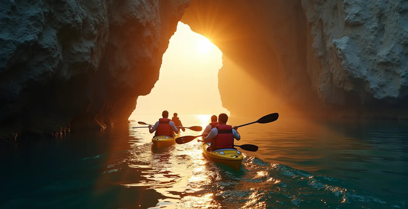 Guide de kayak menant un groupe vers l'entrée d'une grotte marine au lever du soleil