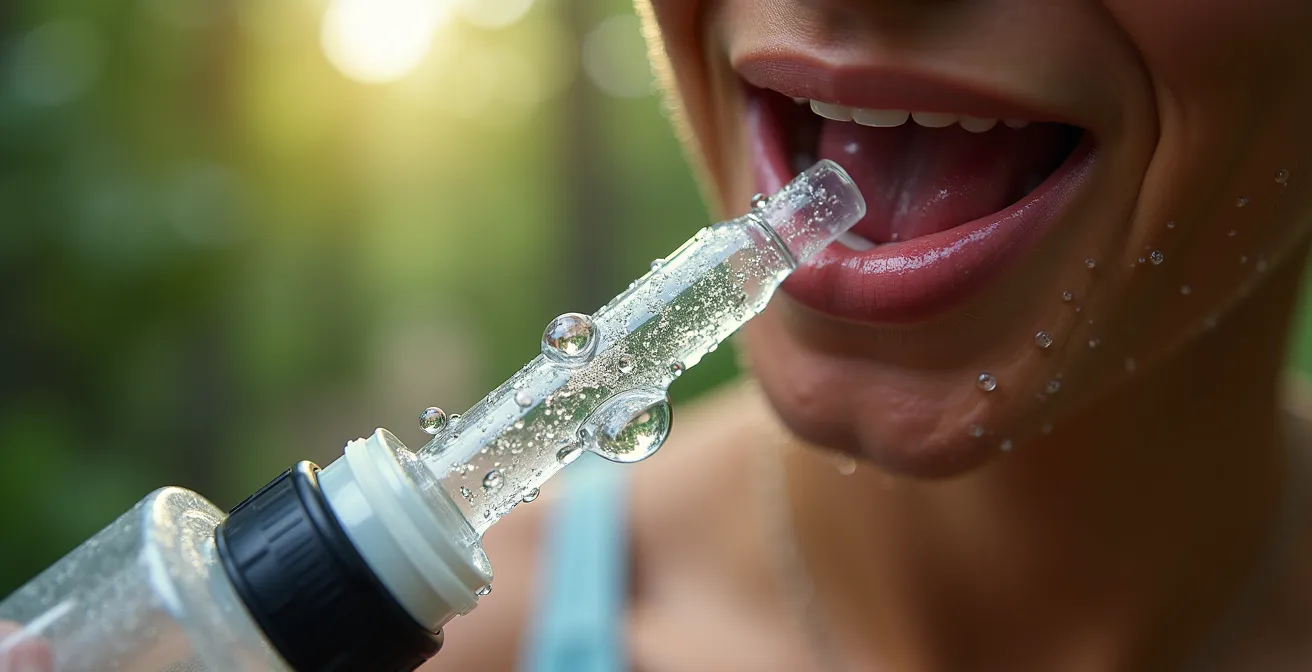 Randonneur s'hydratant avec système CamelBak lors d'une canicule québécoise