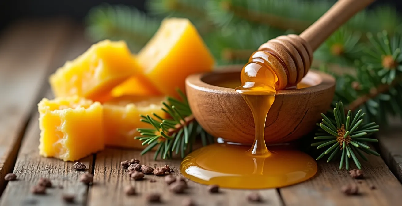 Arrangement d'ingrédients naturels pour baume à lèvres incluant cire d'abeille dorée, miel artisanal et aiguilles de sapin sur une table en bois