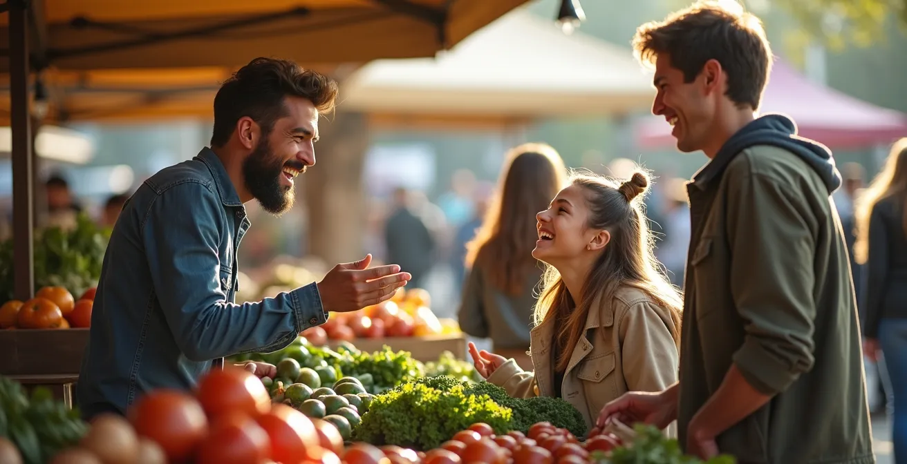 Famille échangeant avec un producteur local au marché public de Sherbrooke