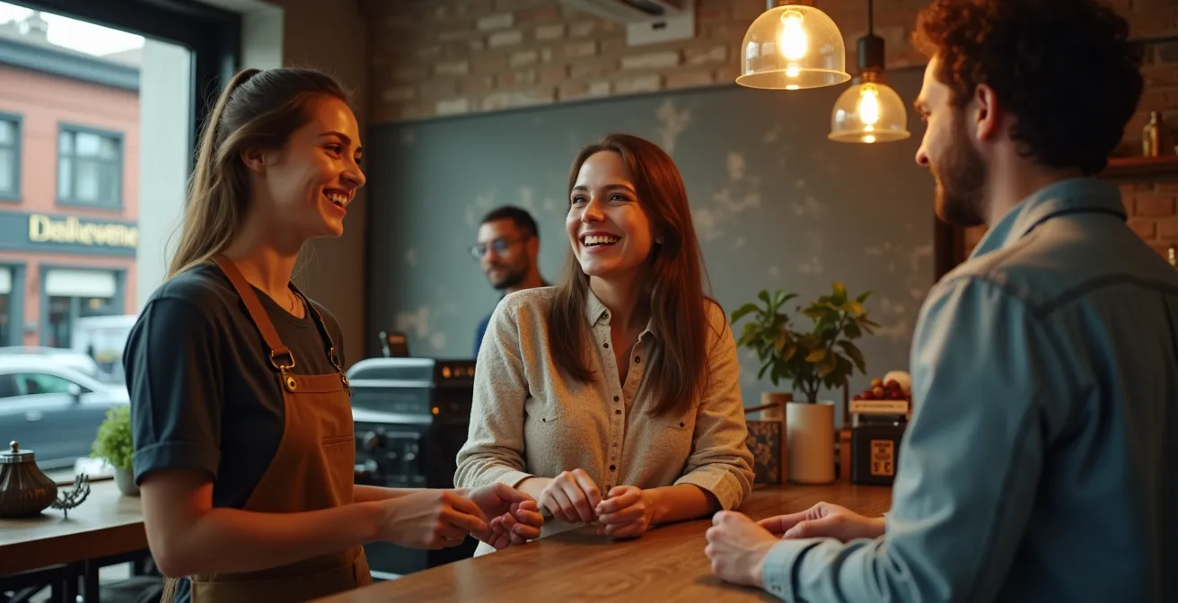 Interaction entre un commerçant et des clients dans une boutique du Vieux-Montréal