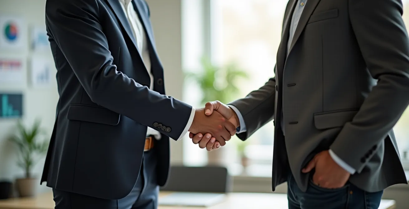 Portrait rapproché montrant une poignée de main chaleureuse entre deux professionnels dans un bureau québécois moderne