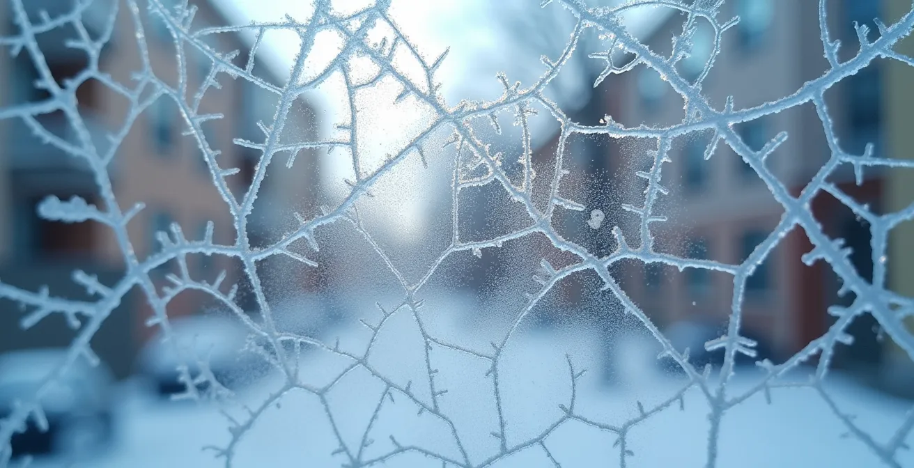 Détail macro de givre sur une vieille fenêtre simple vitrage d'un triplex montréalais