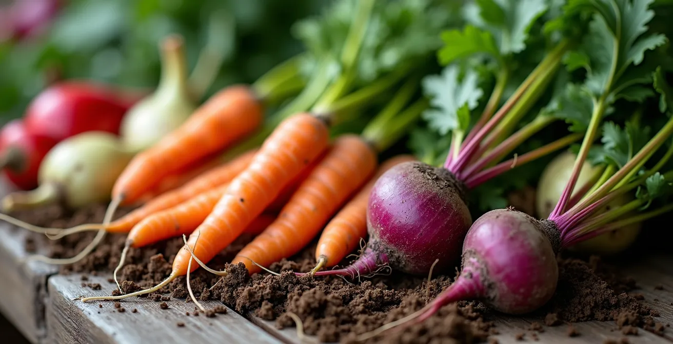 Étalage coloré de légumes racines québécois de saison au marché de Charlevoix
