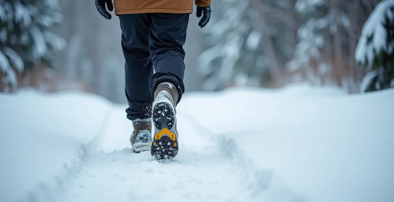 Marcheur pratiquant la technique afghane sur un sentier enneigé au Québec avec crampons