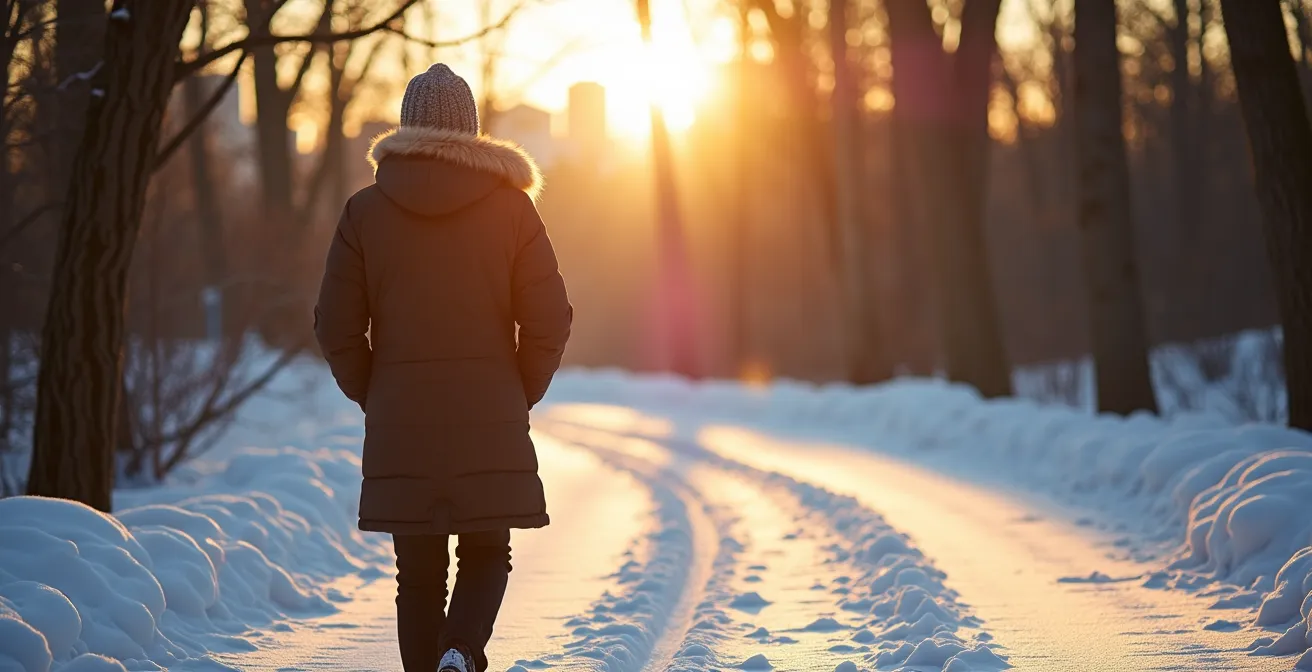 Personne en manteau d'hiver marchant sur un sentier enneigé du Mont-Royal avec lumière dorée