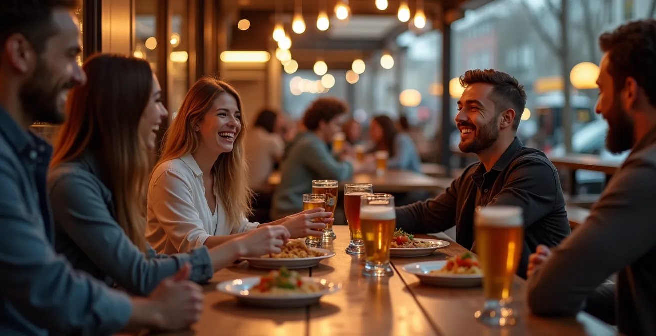Terrasse animée d'une microbrasserie du quartier Saint-Roch avec clients partageant des plats