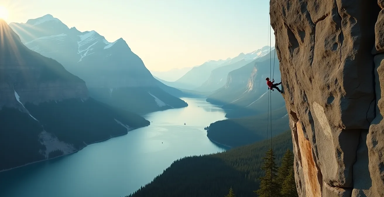 Vue aérienne large montrant un grimpeur sur la paroi rocheuse avec le fjord du Saguenay en arrière-plan