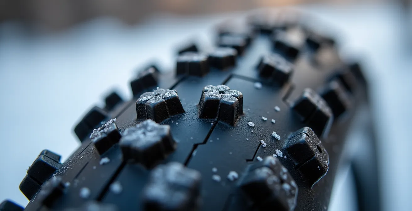 Détail macro d'un pneu de vélo avec clous en carbure pour l'hiver