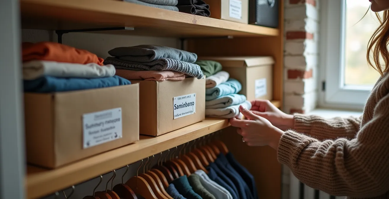 Système de rangement vertical avec housses sous vide et boîtes étiquetées dans un placard optimisé d'appartement montréalais